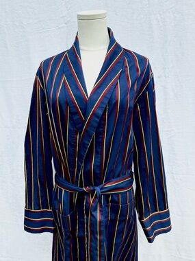 Vintage Derek Rose Cotton Robe Dressing Gown Navy Maroon Yellow Stripe Chest 42”